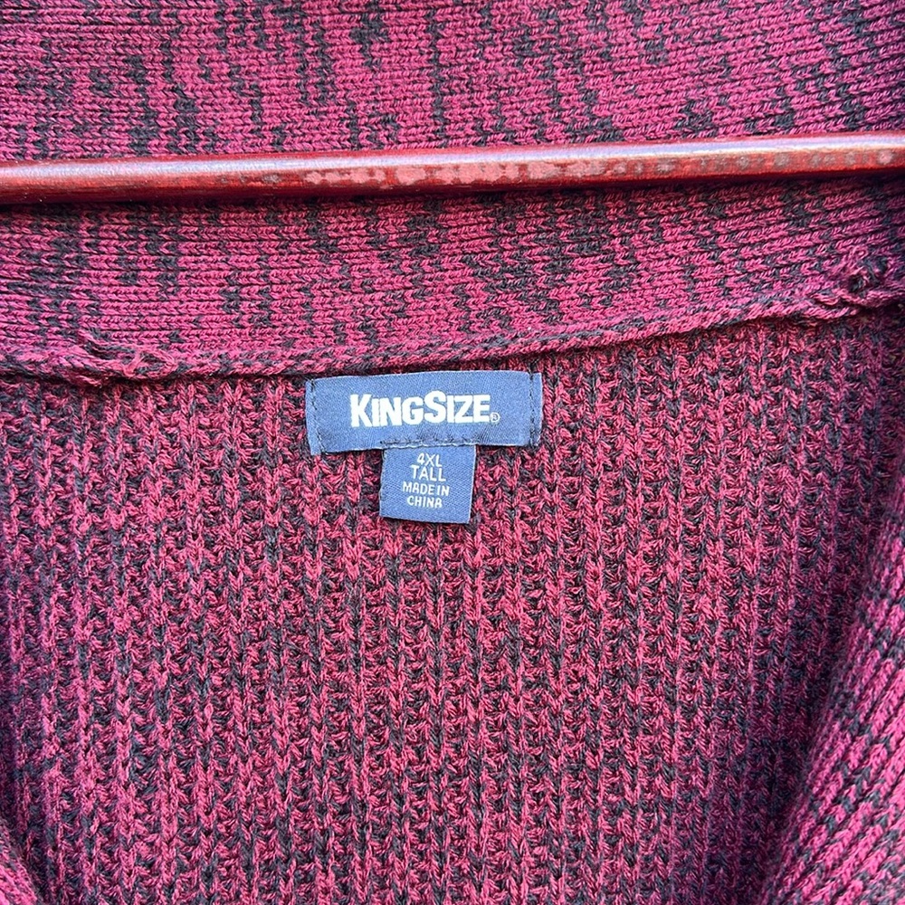 VERY NICE USED BURGUNDY SHAWL COLLAR MENS BUTTON UP SWEATER. 4xlt. Small hole